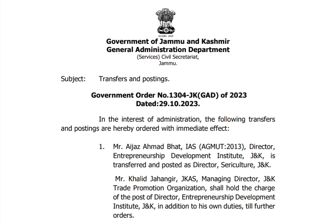 J K Administrative Reshuffle 3 DCs Among 41 IAS And JKAS Officers