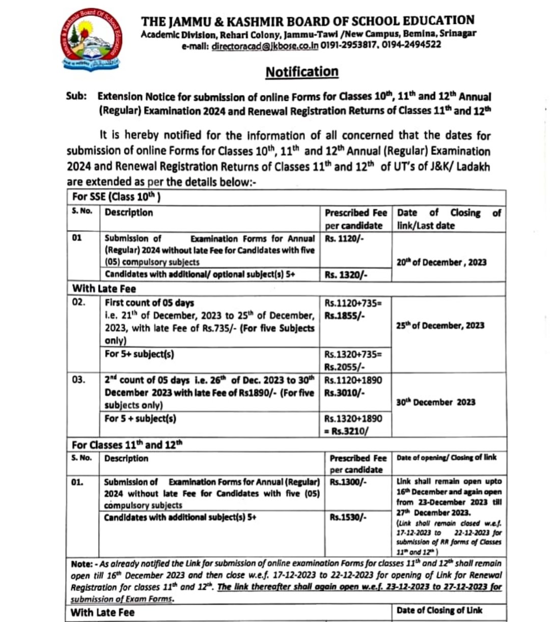 JKBOSE Important Notice For Classes 10th, 11th and 12th Annual (Regular