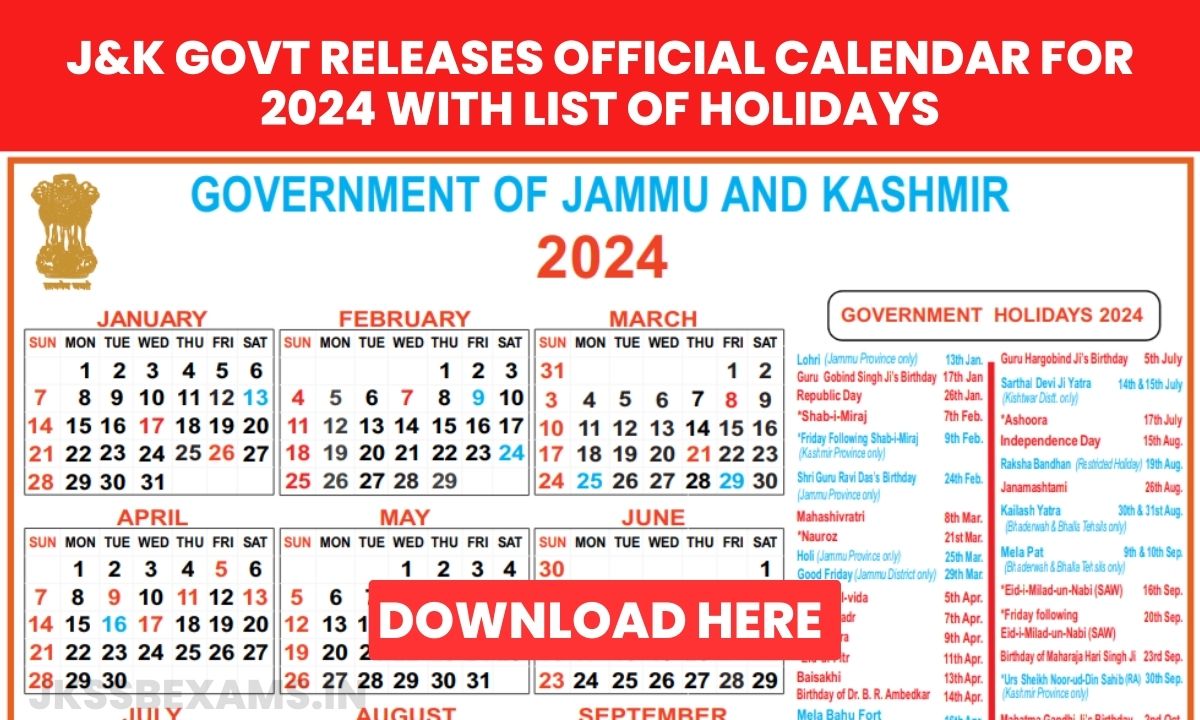 J&K Govt Releases Official Calendar For 2024 With List Of Holidays ...