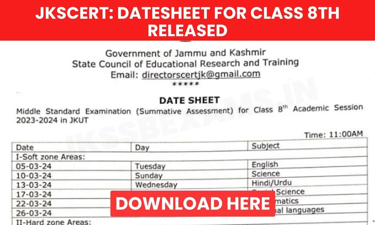 JKSCERT Datesheet for Class 8th 2024 Released, Download Here jkssb