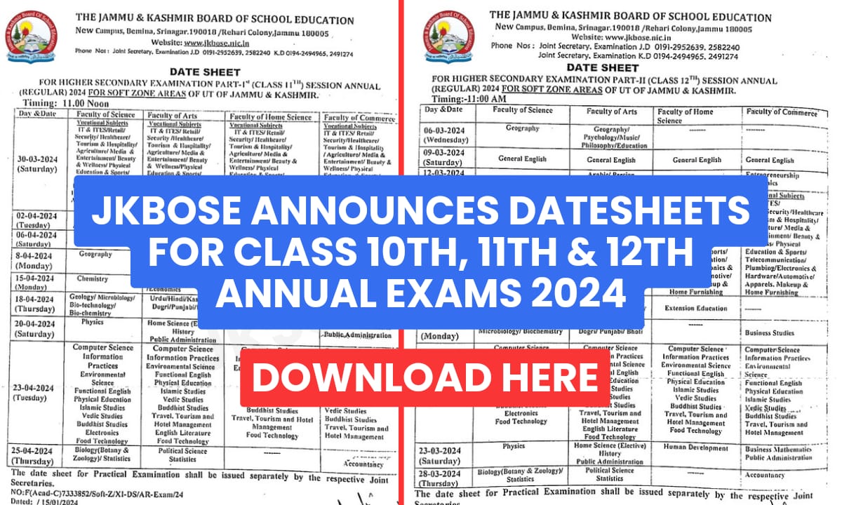 JKBOSE Announces Datesheets for Class 10th, 11th & 12th Annual Exams